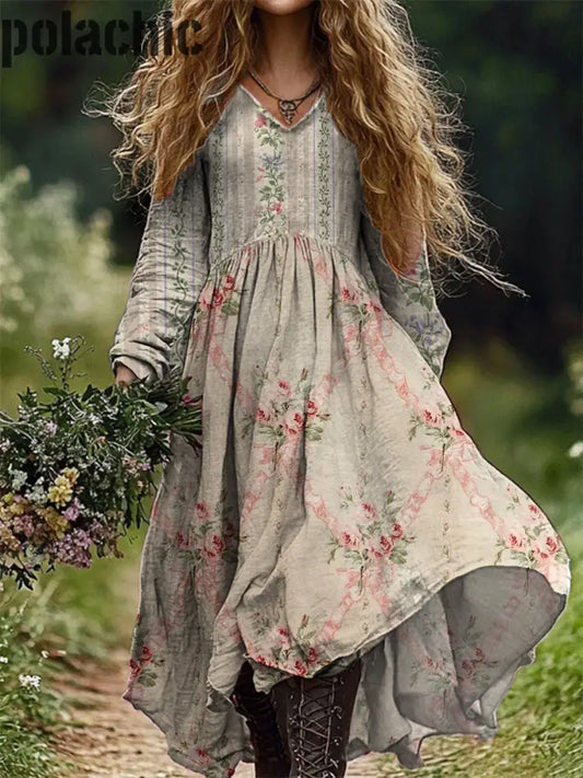 Vintage Floral Art Print V Cou Élégant Chic Lâche À Manches Longues Robe Midi A / S