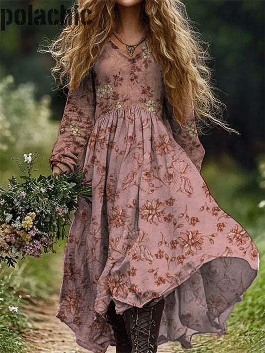 Vintage Floral Art Print V Cou Élégant Chic Lâche À Manches Longues Robe Midi A / S