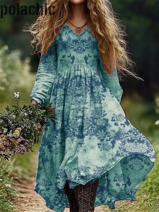 Vintage Floral Art Print V-Cou Élégant Chic Lâche Robe À Manches Longues Midi A / S