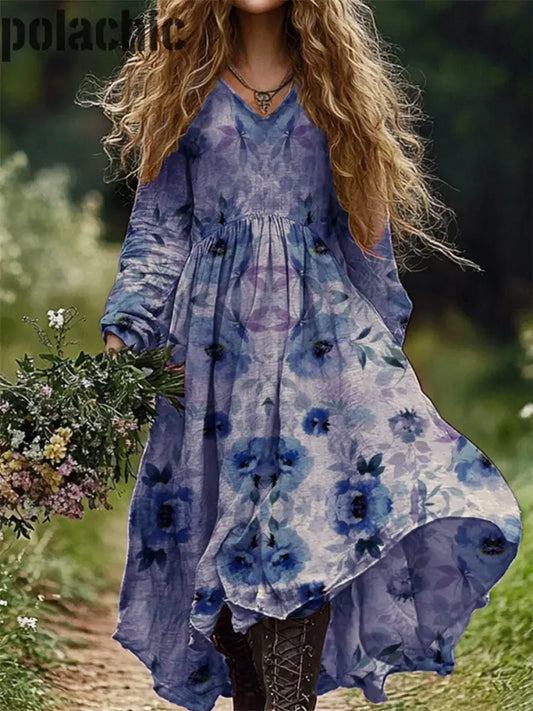 Vintage Floral Art Print V-Cou Élégant Chic Lâche Robe À Manches Longues Midi A / S