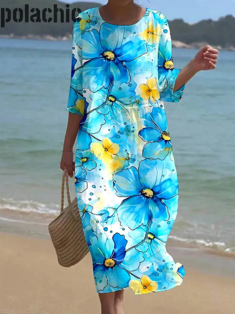 Vintage Floral Art Print V Neck Maxi Robe Femme