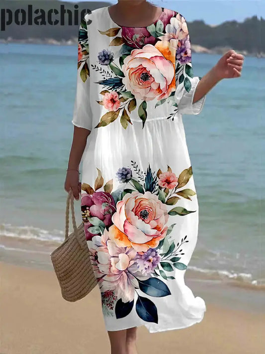 Vintage Floral Art Print V Neck Maxi Robe Femme