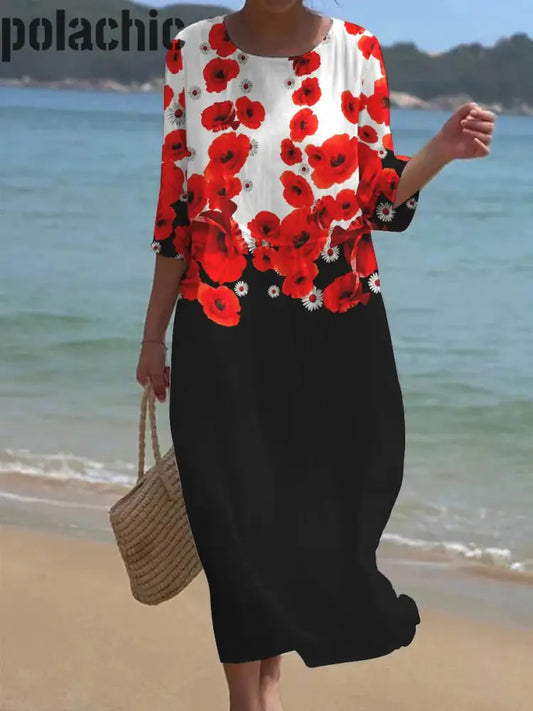 Vintage Floral Art Print V Neck Maxi Robe Femme