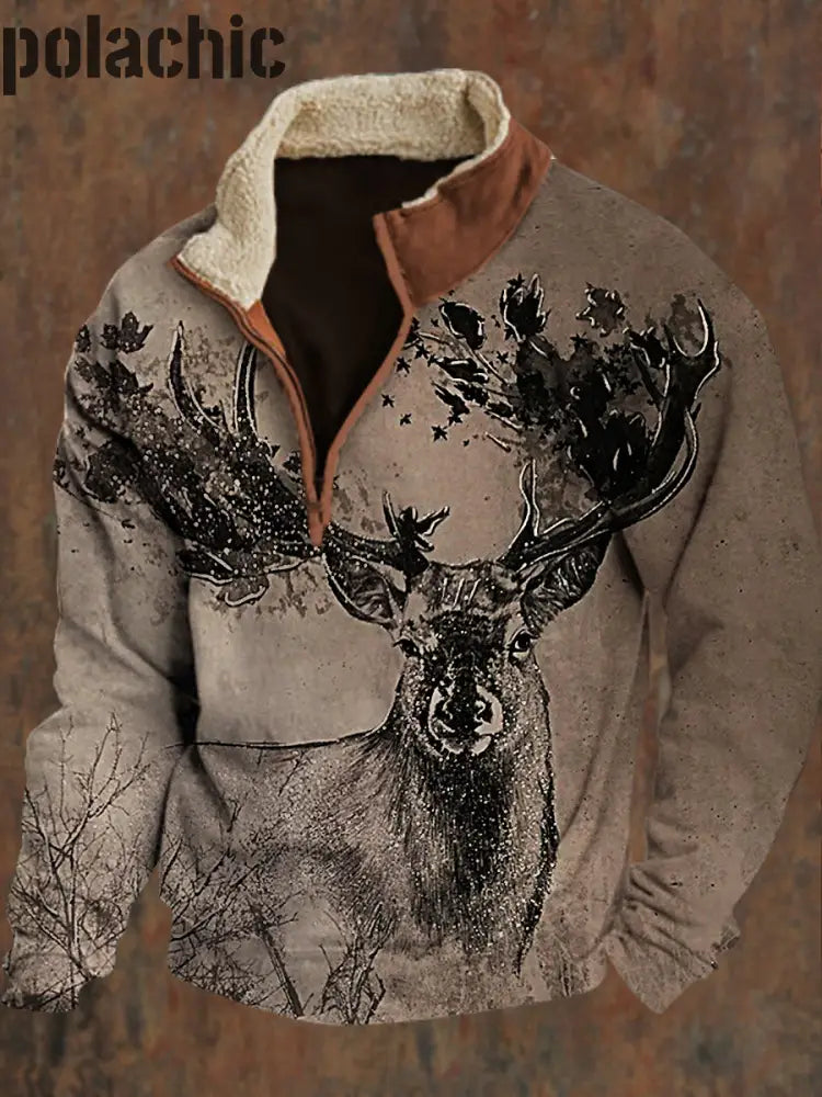 Vintage Gold Leaf Art Elk Imprimé Revers Col Moelleux Zipper Casual Loose Sweatshirt A / S