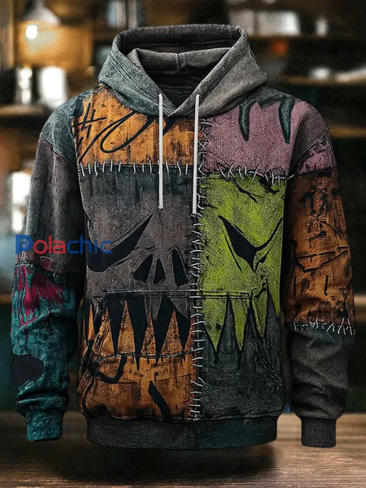 Vintage Halloween Patchwork Imprimer Art Casual Hoodie des hommes comme image / S