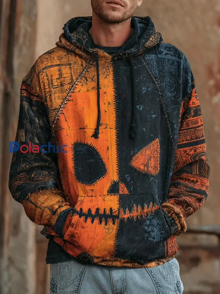 Vintage Halloween Patchwork Imprimer Art Casual Hoodie des hommes comme image / S