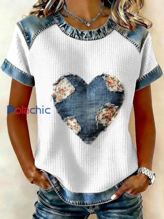 Vintage Heart Flowers Patchwork Imprimer T-shirt décontracté à manches courtes pour femmes comme image / S