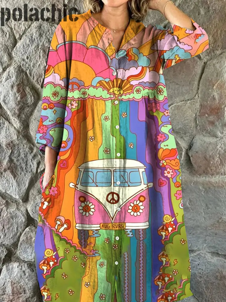 Vintage Hippie Art Print Chic Col En V Trois Quarts Manches Boutonnée Élégante Robe Midi A / S