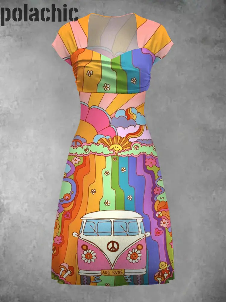 Vintage Hippie Art Print V Élégant Et Chic À Manches Courtes Mini Robe A / S