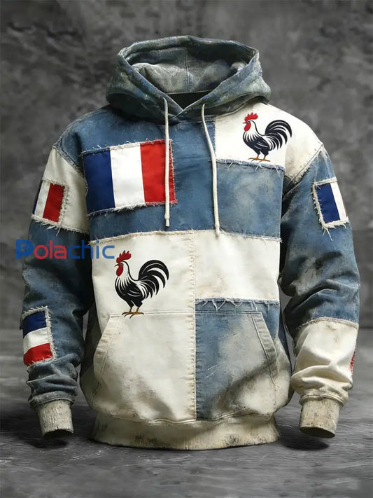 Vintage-Lavé Drapeau Français Coq Patchwork Casual Hoodie Multicolore / S