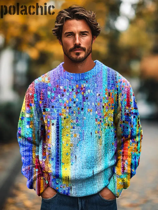 Vintage Multicolore Abstrait Dégradé Art Imprimé Tricot Ras Du Cou Pull Coloré / S