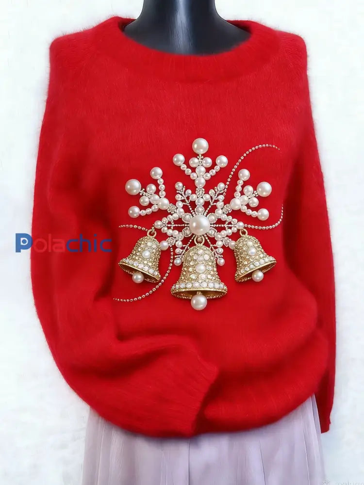Vintage Noël flocon de neige Bell Pearl Art Print Pull à manches longues pour femmes Rouge / S