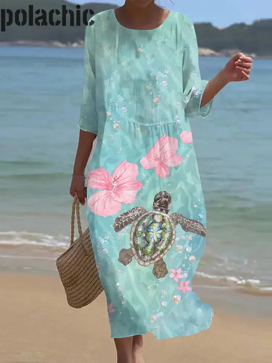 Vintage Ocean Turtle Art Print Crew Neck Maxi Robe Femme