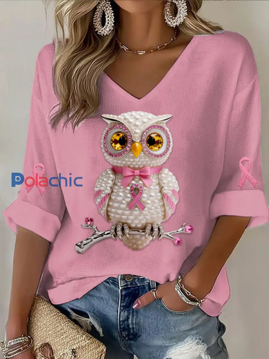 Vintage Owl Pearl Diamond Abstract Print T-shirt à manches longues gaufré en coton décontracté Rose / S