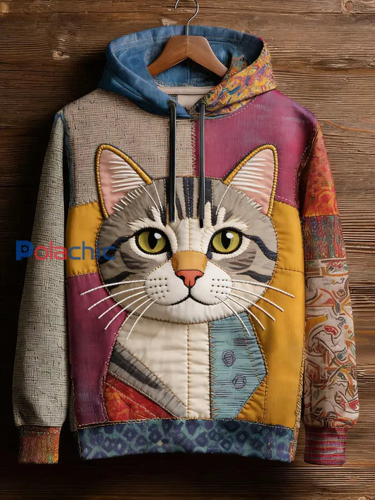 Vintage Patchwork Cat Print Art Casual Sweat à capuche pour femmes comme image / S