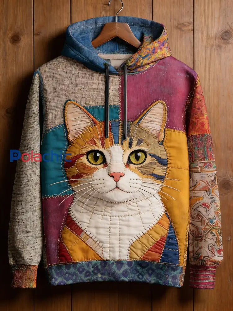 Vintage Patchwork Cat Print Art Casual Sweat à capuche pour femmes comme image / S
