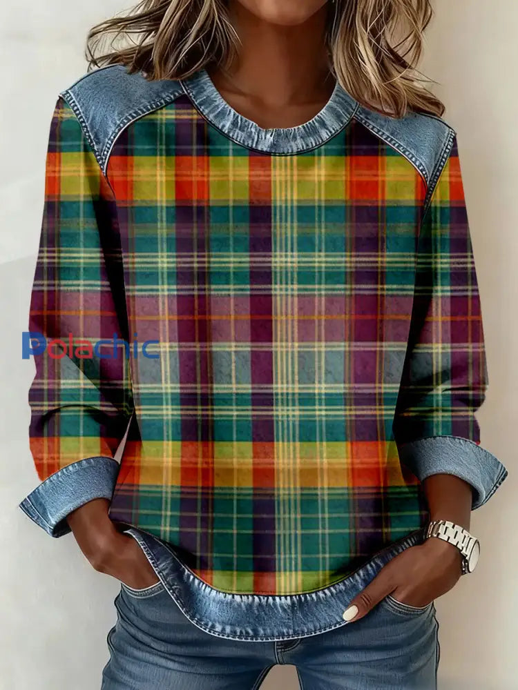 Vintage Plaid Patchwork Sweatshirt des femmes comme image / S