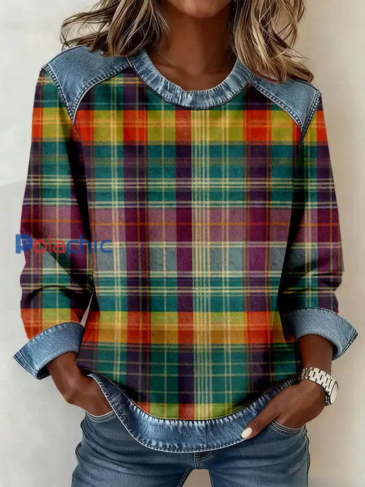 Vintage Plaid Patchwork Sweatshirt des femmes comme image / S