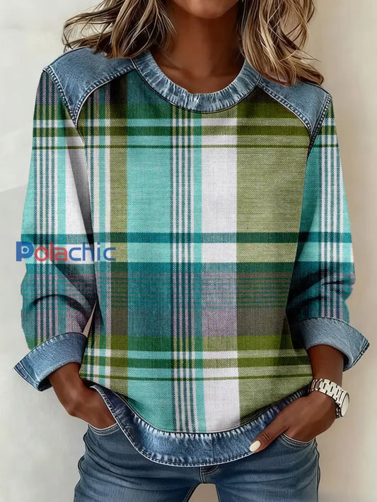 Vintage Plaid Patchwork Sweatshirt des femmes comme image / S