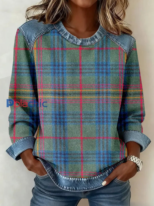 Vintage Plaid Pattern Denim Patchwork Sweatshirt Femme comme image / S