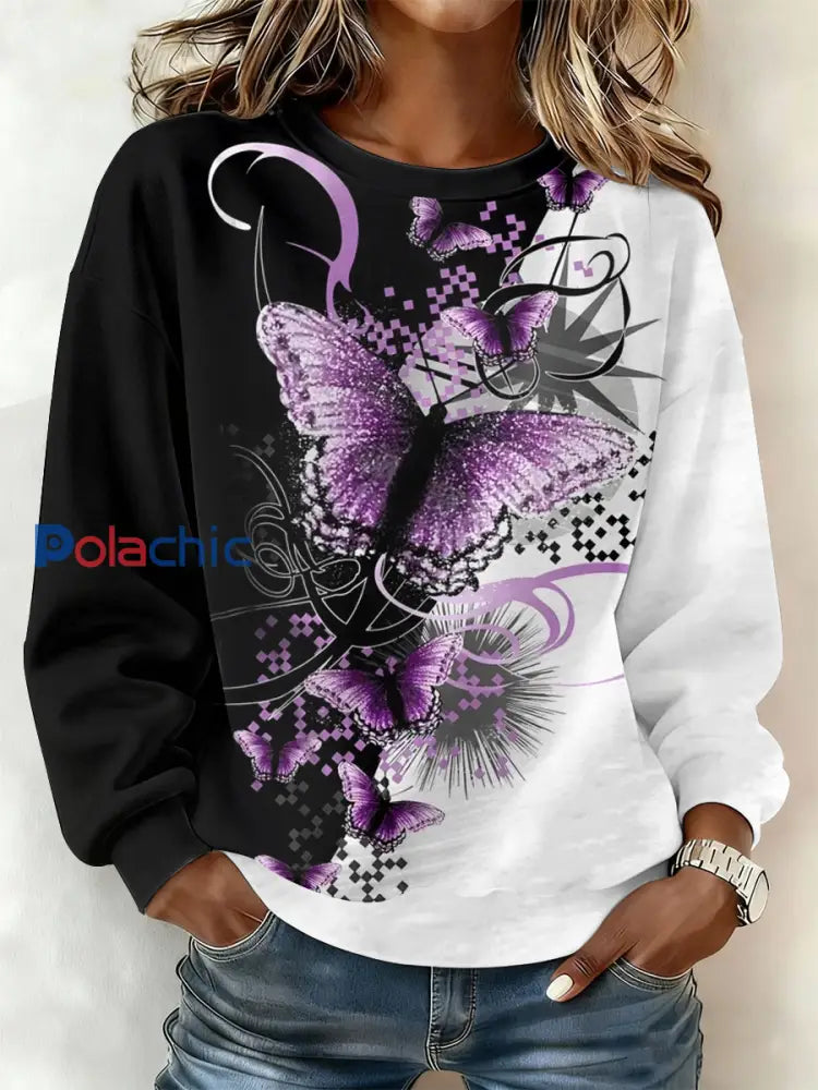 Vintage Purple Butterfly Art Print Regular Sweatshirt des femmes comme image / S