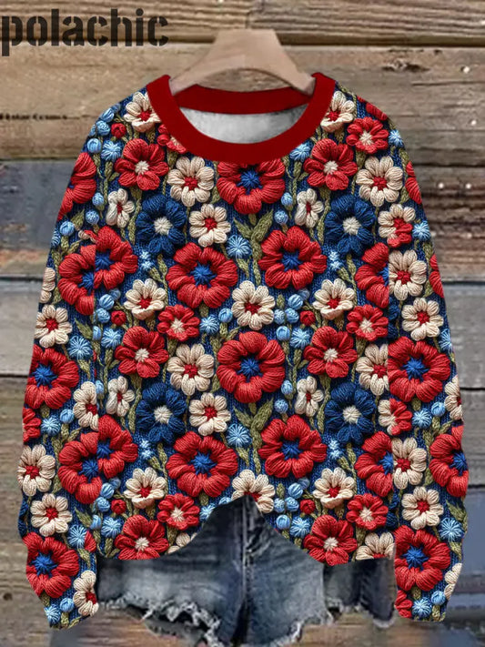 Vintage Rouge Et Bleu Fleurs Imprimé Col Rond Casual Manches Longues Sweatshirt A / S