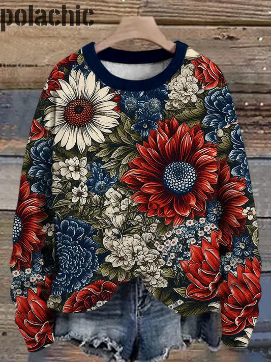 Vintage Rouge Et Bleu Fleurs Imprimé Col Rond Casual Manches Longues Sweatshirt A / S