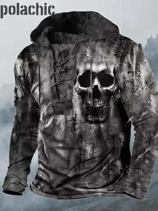 Vintage Skull Art Print Épais Manches Longues À Capuche Sports Top Des Hommes A / S
