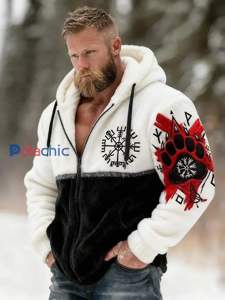 Vintage Viking noeud celtique ours patte Art flanelle Zipper Hooded Jacket des hommes Blanc / S