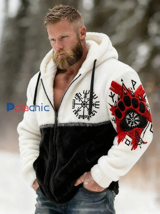 Vintage Viking noeud celtique ours patte Art flanelle Zipper Hooded Jacket des hommes Blanc / S