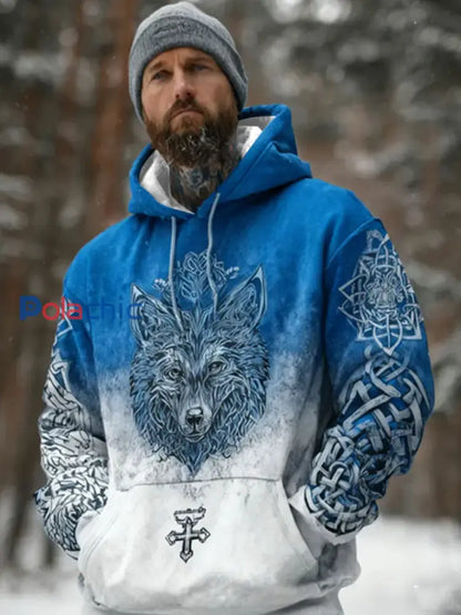 Vintage Viking Style Snow Wolf Imprimer Sweat à capuche hommes bleu / S