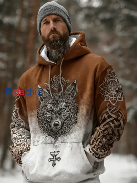Vintage Viking Style Snow Wolf Imprimer Sweat à capuche hommes café / S