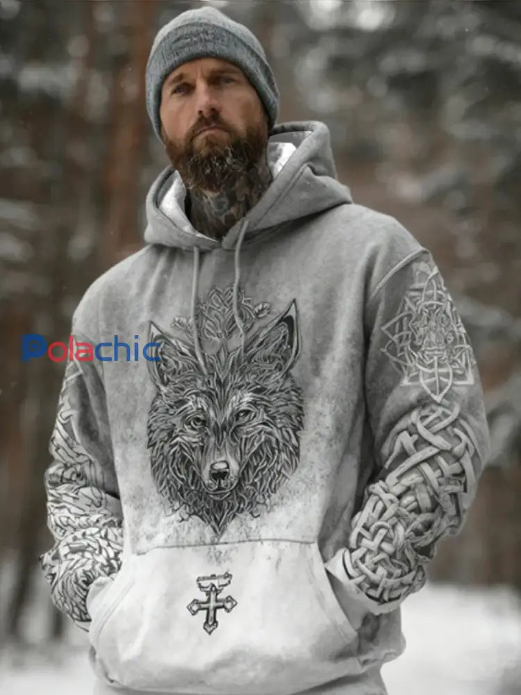 Vintage Viking Style Snow Wolf Imprimer Sweat à capuche hommes gris / S