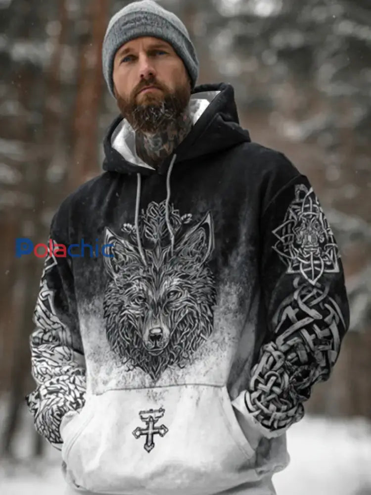 Vintage Viking Style Snow Wolf Imprimer Sweat à capuche hommes noir / S