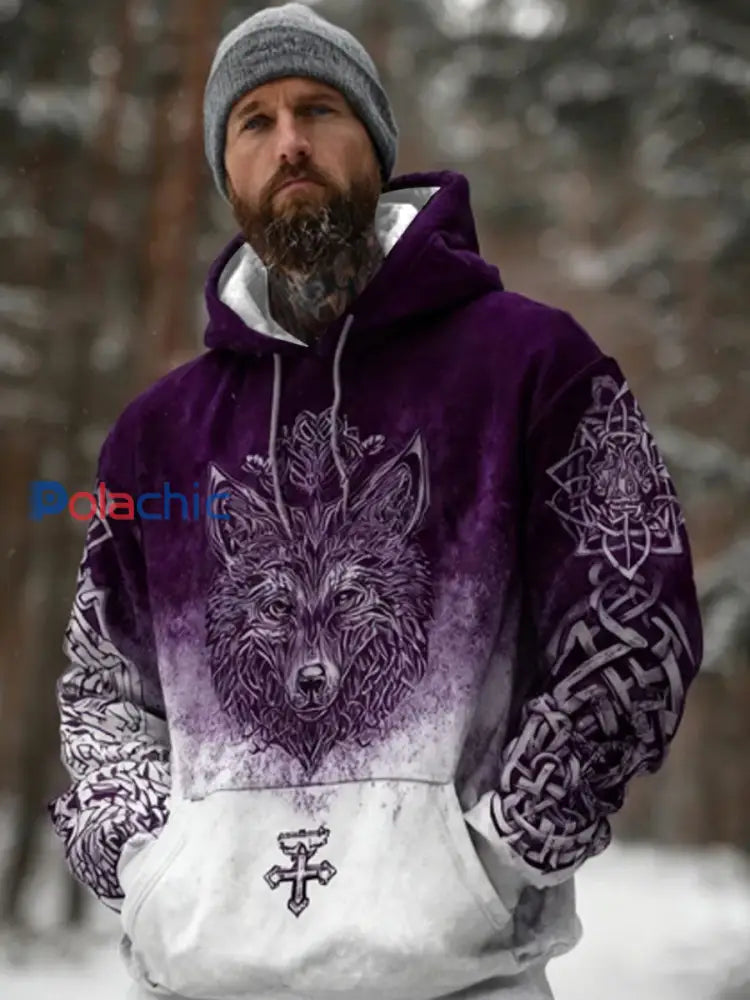Vintage Viking Style Snow Wolf Imprimer Sweat à capuche hommes pourpre / S