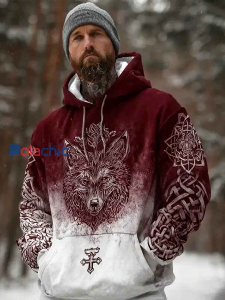 Vintage Viking Style Snow Wolf Imprimer Sweat à capuche hommes rouge / S