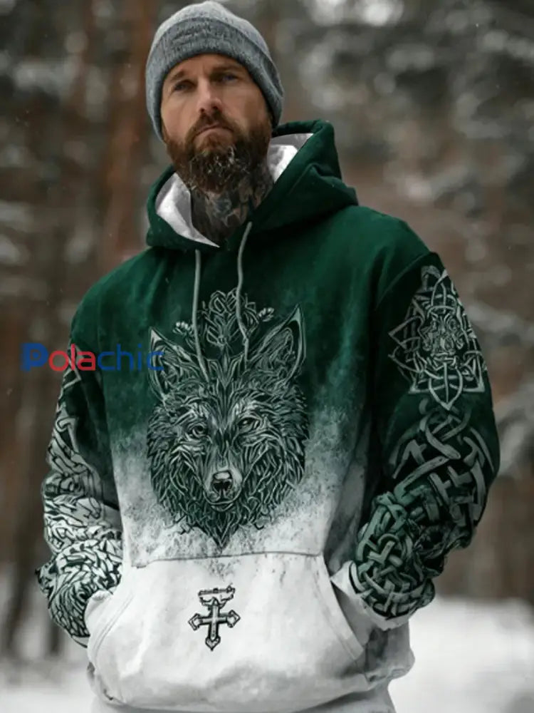 Vintage Viking Style Snow Wolf Imprimer Sweat à capuche hommes vert / S