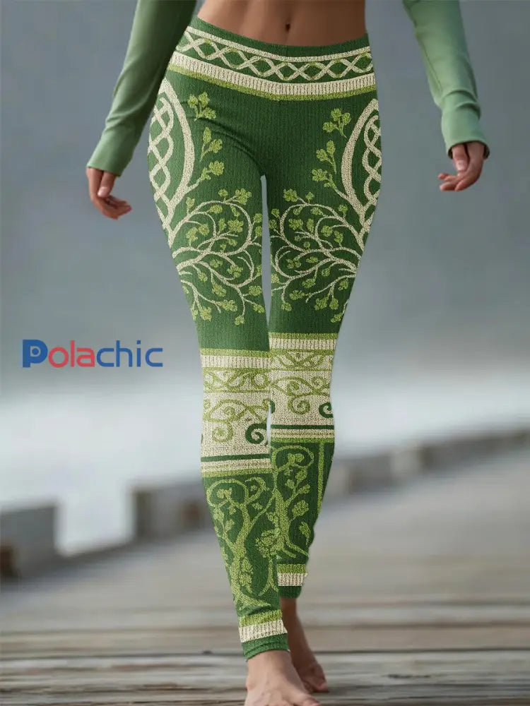 Vintage Viking Tree Of Life Celtic Knod Print Leggings décontractés pour femmes Vert / S