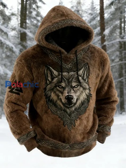 Vintage Viking Wolf Art celtique confortable chaud en peluche Sweatshirt des hommes Café / S
