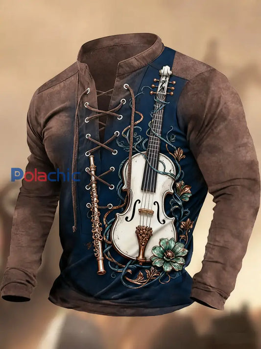 Vintage Western Art Print Country Style col en V Henley chemise à manches longues A / S