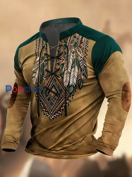 Vintage Western Art Print Country Style col en V Henley chemise à manches longues A / S