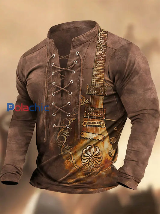 Vintage Western Art Print Country Style col en V Henley chemise à manches longues A / S