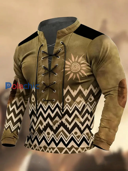 Vintage Western Art Print Country Style col en V Henley chemise à manches longues A / S