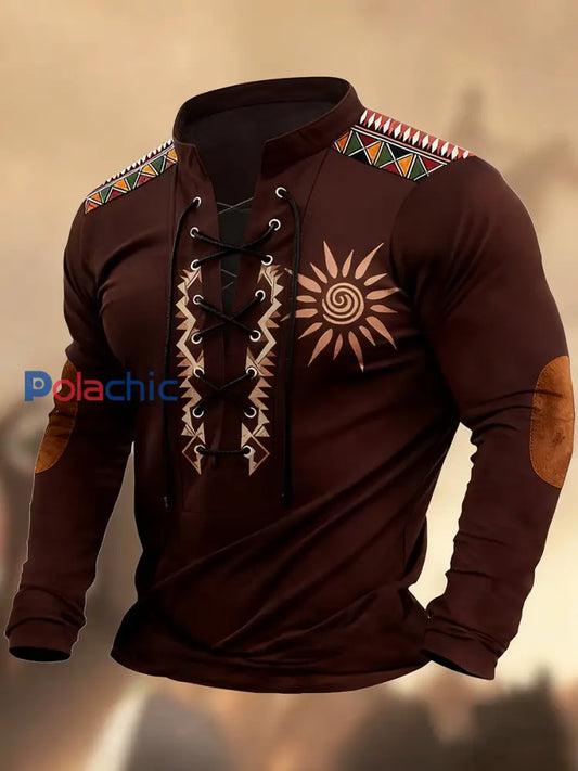 Vintage Western Art Print Country Style col en V Henley chemise à manches longues A / S