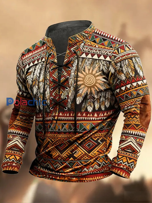 Vintage Western Art Print Country Style col en V Henley chemise à manches longues A / S
