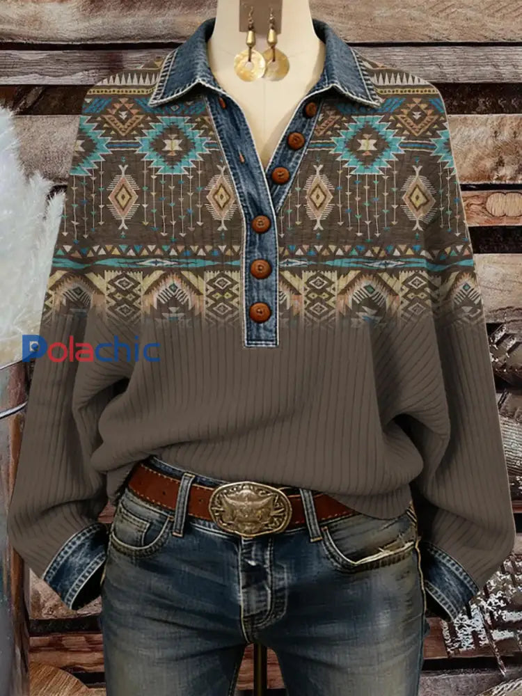 Vintage Western Ethnic Aztec Art Patchwork Sweatshirt des femmes comme image / S
