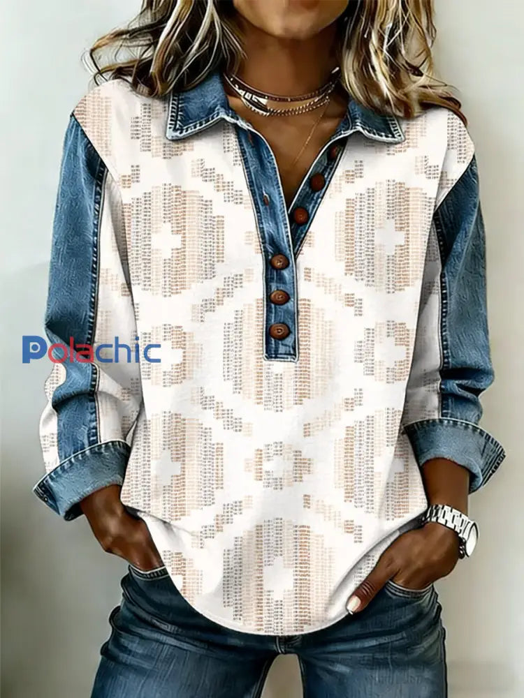 Vintage Western Pattern Patchwork Art Sweatshirt des femmes comme image / S