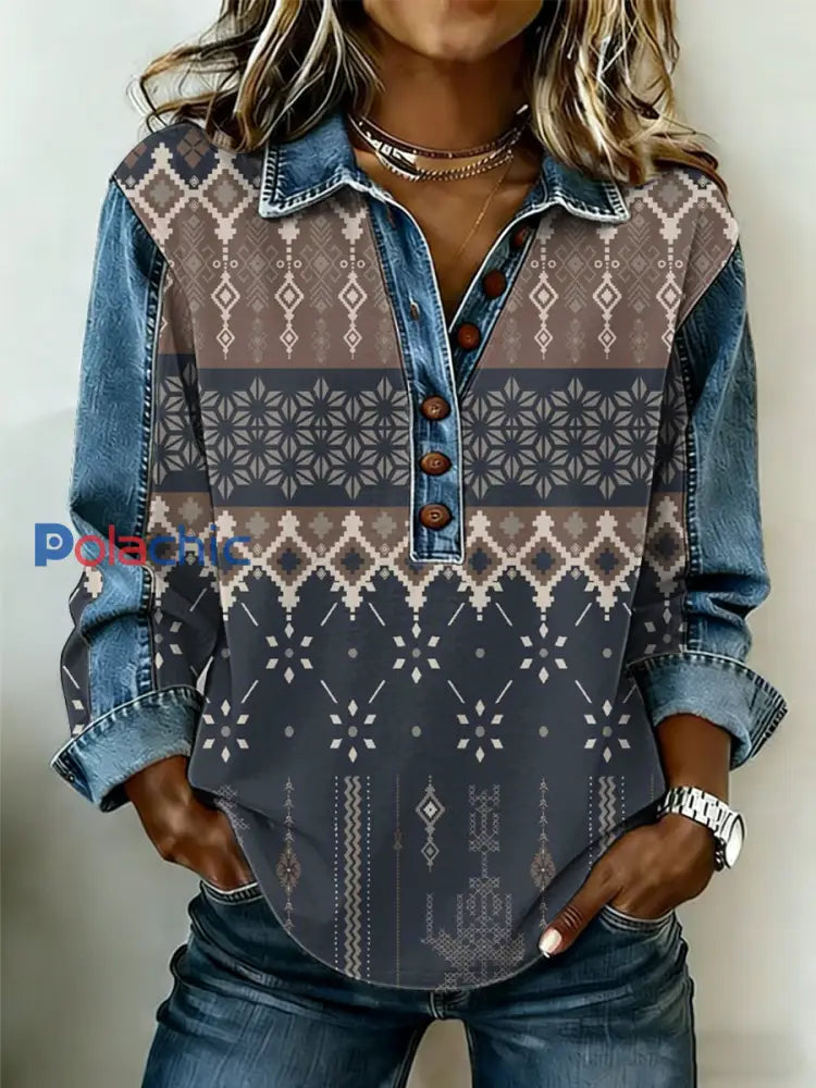 Vintage Western Pattern Patchwork Art Sweatshirt des femmes comme image / S