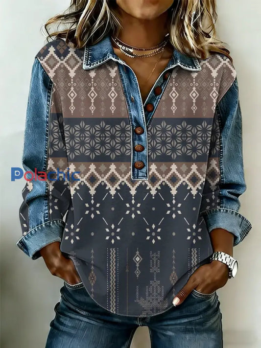 Vintage Western Pattern Patchwork Art Sweatshirt des femmes comme image / S