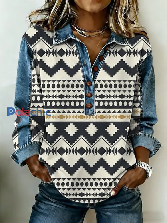 Vintage Western Pattern Patchwork Art Sweatshirt des femmes comme image / S